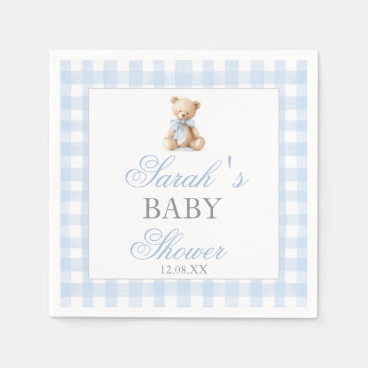 Blue Gingham Bear Baby Shower スタンダードカクテルナプキン (正面)