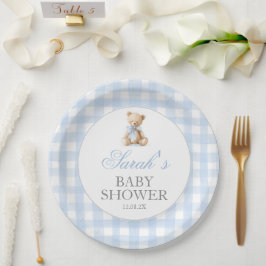 Blue Gingham Bear Baby Shower ペーパープレート