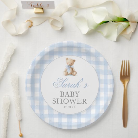Blue Gingham Bear Baby Shower ペーパープレート (ウェディング)