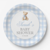 Blue Gingham Bear Baby Shower ペーパープレート (正面)