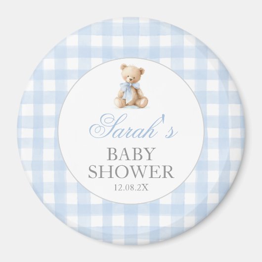 Blue Gingham Bear Baby Shower マグネット (正面)