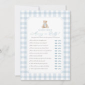 Blue Gingham Bear Baby Shower Mommy or Daddy Game 招待状 (正面)