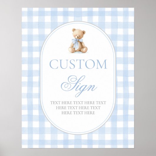 Blue Gingham Bear Customized sign ポスター (正面)