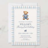 Blue Gingham Beary First Birthday Boy Teddy Bear  招待状 (正面)