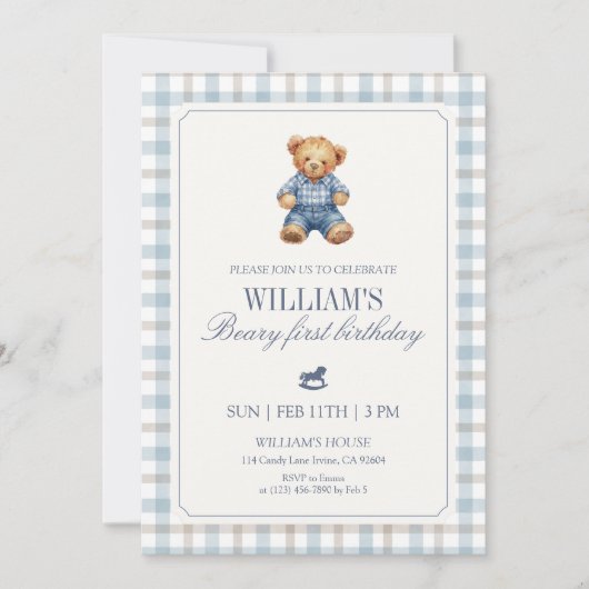 Blue Gingham Beary First Birthday Boy Teddy Bear 招待状 (正面)