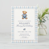 Blue Gingham Beary First Birthday Boy Teddy Bear 招待状 (スタンド正面)