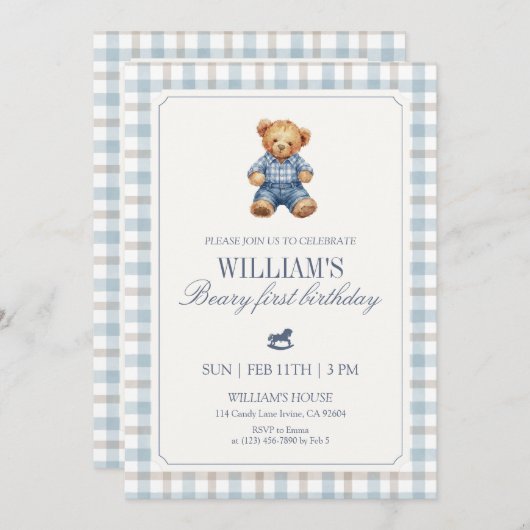 Blue Gingham Beary First Birthday Boy Teddy Bear  招待状 (正面/裏面)