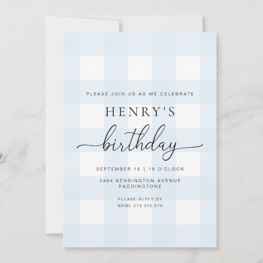 Blue Gingham Birthday Invitation 招待状 (正面)
