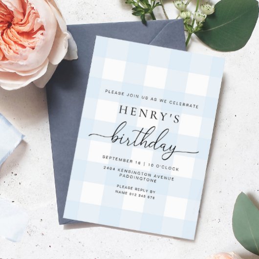Blue Gingham Birthday Invitation 招待状