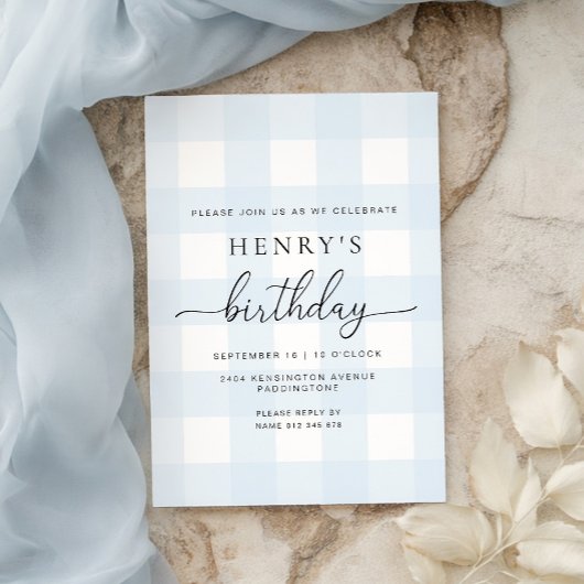 Blue Gingham Birthday Invitation 招待状
