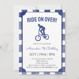 Blue Gingham BMX Bike Birthday Party 招待状