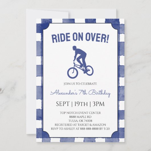 Blue Gingham BMX Bike Birthday Party 招待状 (正面)