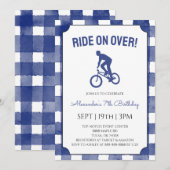 Blue Gingham BMX Bike Birthday Party 招待状 (正面/裏面)