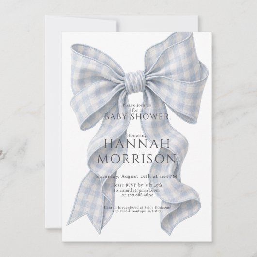 Blue Gingham Bow Baby Shower Invitation 招待状 (正面)
