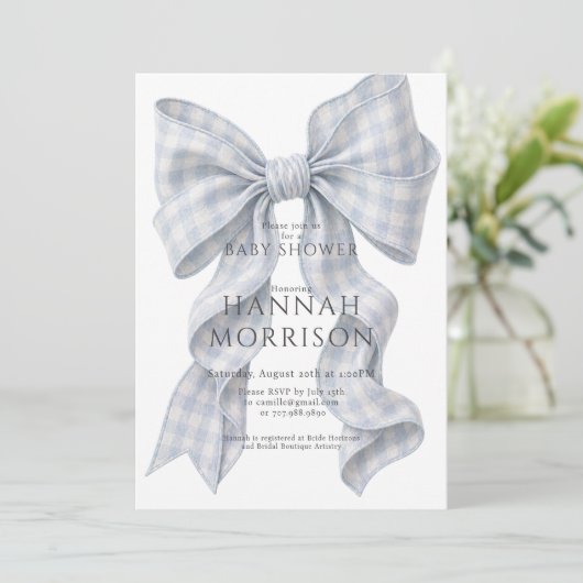 Blue Gingham Bow Baby Shower Invitation 招待状 (スタンド正面)