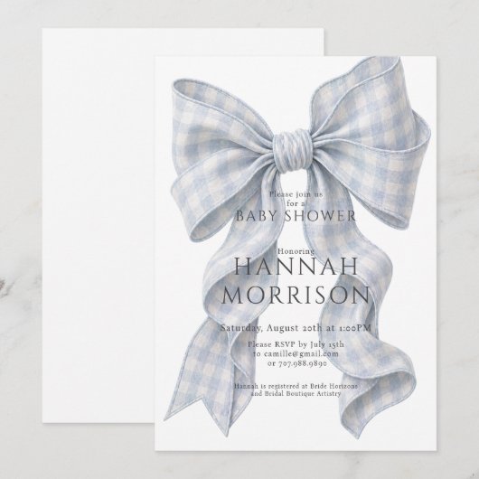 Blue Gingham Bow Baby Shower Invitation 招待状 (正面/裏面)