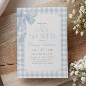 Blue Gingham Bow Boy Baby Shower 招待状