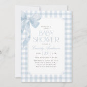 Blue Gingham Bow Boy Baby Shower 招待状 (正面)