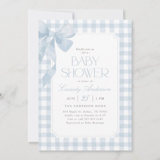 Blue Gingham Bow Boy Baby Shower 招待状 (正面)