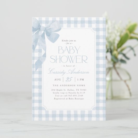 Blue Gingham Bow Boy Baby Shower 招待状 (スタンド正面)