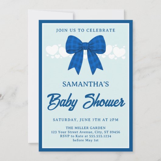 Blue Gingham Bow Boy Baby Shower Invitation 招待状 (正面)