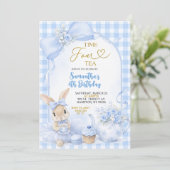 Blue Gingham Bow Bunny Tea Party Fourth Birthday 招待状 (スタンド正面)