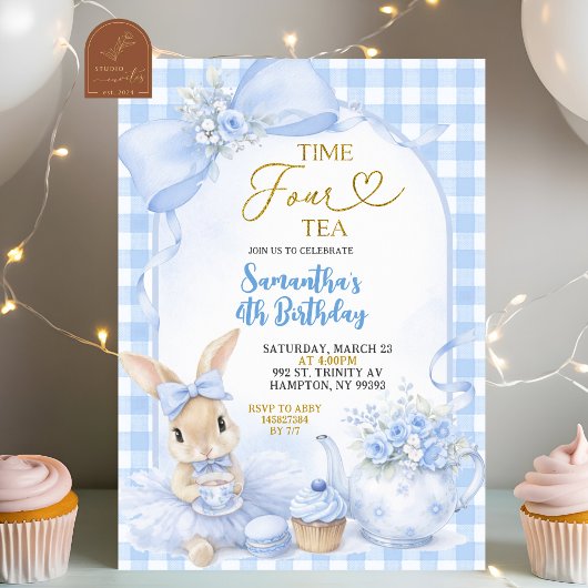 Blue Gingham Bow Bunny Tea Party Fourth Birthday 招待状