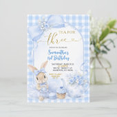 Blue Gingham Bow Bunny Tea Party Third Birthday 招待状 (スタンド正面)
