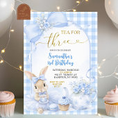 Blue Gingham Bow Bunny Tea Party Third Birthday 招待状