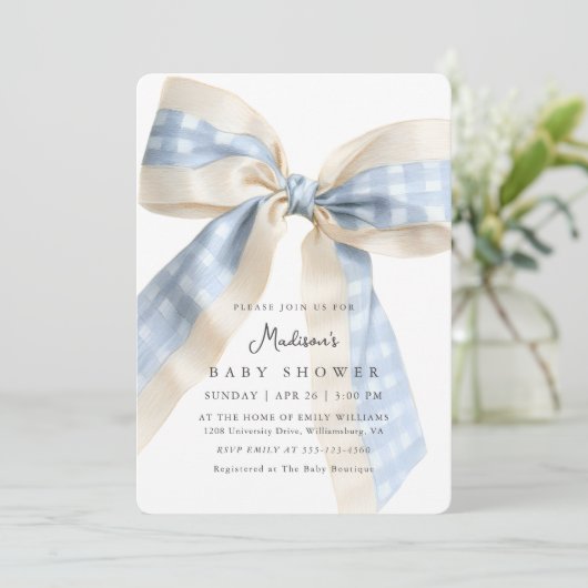 Blue Gingham Bow Cute Baby Shower 招待状 (スタンド正面)