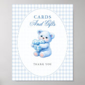 Blue Gingham Bow Heart Teddy Bear Baby Shower ポスター (正面)