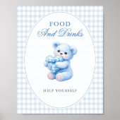 Blue Gingham Bow Heart Teddy Bear Baby Shower ポスター (正面)
