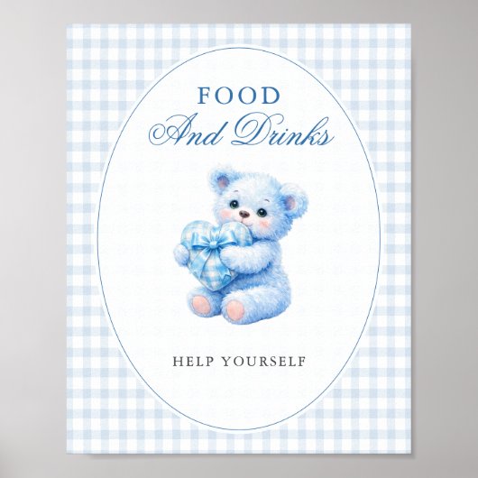 Blue Gingham Bow Heart Teddy Bear Baby Shower ポスター (正面)