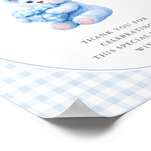 Blue Gingham Bow Heart Teddy Bear Baby Shower ポスター (角)