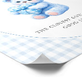 Blue Gingham Bow Heart Teddy Bear Baby Shower ポスター (角)
