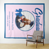 Blue Gingham Bow Photo Graduation Backdrop タペストリー (インサイチュ(横))