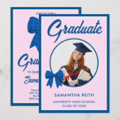 Blue Gingham Bow Photo Graduation Party 招待状 (正面/裏面)