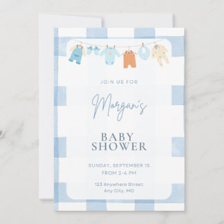 Blue Gingham Boy Baby Shower Clothesline Invitatio 招待状