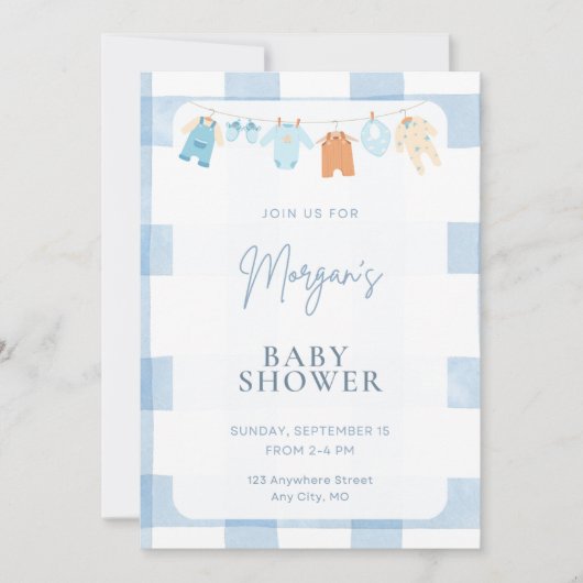 Blue Gingham Boy Baby Shower Clothesline Invitatio 招待状 (正面)