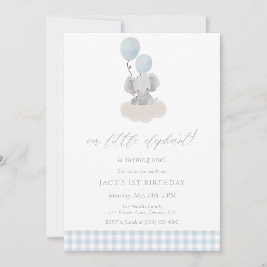 Blue Gingham Boy Elephant First Birthday  招待状 (正面)