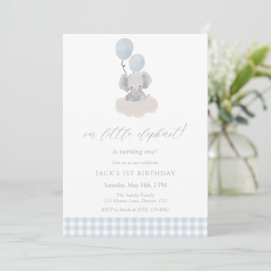 Blue Gingham Boy Elephant First Birthday  招待状 (スタンド正面)