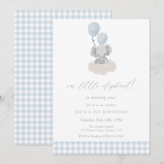 Blue Gingham Boy Elephant First Birthday  招待状 (正面/裏面)