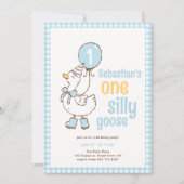 Blue Gingham Boy One Silly Goose 1st Birthday 招待状 (正面)