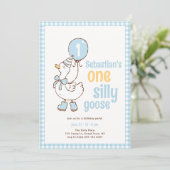 Blue Gingham Boy One Silly Goose 1st Birthday 招待状 (スタンド正面)