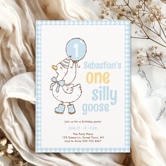 Blue Gingham Boy One Silly Goose 1st Birthday 招待状