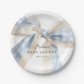 Blue Gingham Checks Bow Baby Shower ペーパープレート (正面)