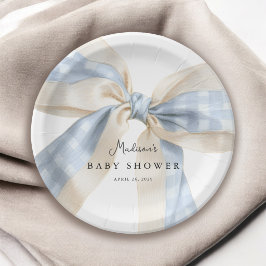 Blue Gingham Checks Bow Baby Shower ペーパープレート