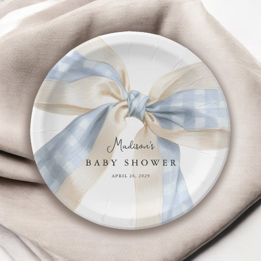 Blue Gingham Checks Bow Baby Shower ペーパープレート