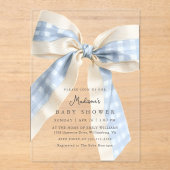 Blue Gingham Checks Bow Cute Baby Shower アクリル招待状 (正面)