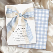 Blue Gingham Checks Bow Cute Baby Shower 招待状